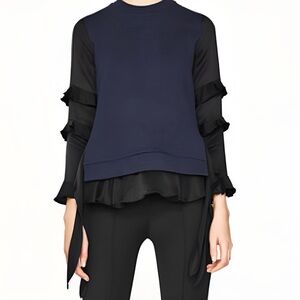 ZARA Navy Blue + Black Satin Contrast Layered Sweater Sweatshirt Blouse